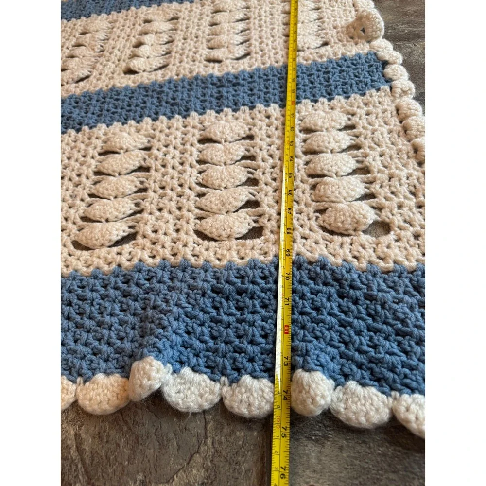 Vintage Handmade Crochet Afghan Grandma Blanket Blue White Striped Heart 52x75